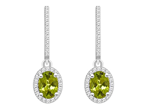 7x5mm Oval Peridot 1/3 ctw Diamond Rhodium Over Sterling Silver Halo Dangle Earrings