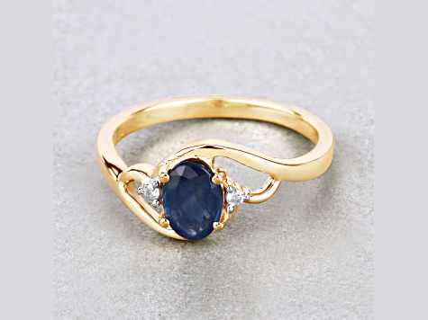 Blue Sapphire and White Diamond 10K Yellow Gold Bypass Ring 0.98ctw