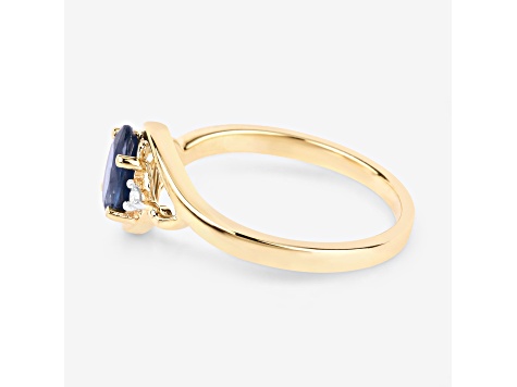 Blue Sapphire and White Diamond 10K Yellow Gold Bypass Ring 0.98ctw