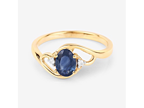 Blue Sapphire and White Diamond 10K Yellow Gold Bypass Ring 0.98ctw