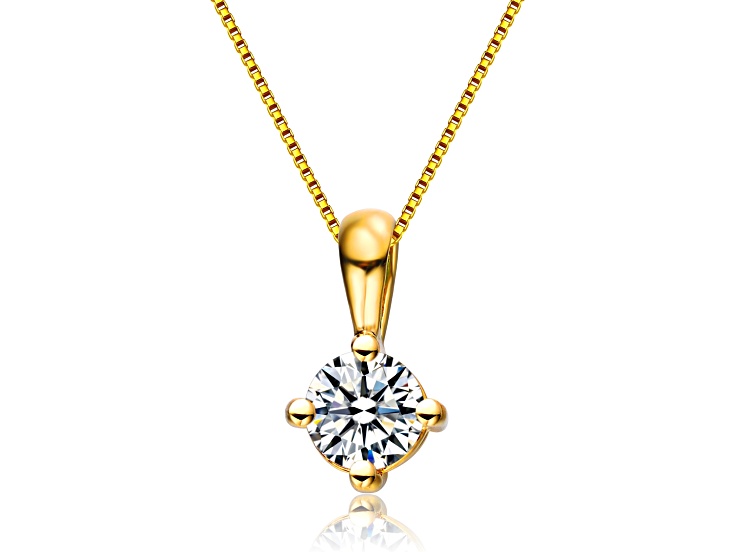 Clear Round Cubic Zirconia, 14K Gold Plated over Sterling Silver Solitaire Necklace