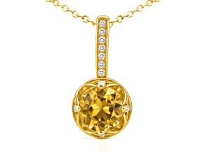 Natural Yellow Citirine 14 K Gold Round Shape Over Sterling Silver Pendant with Chain