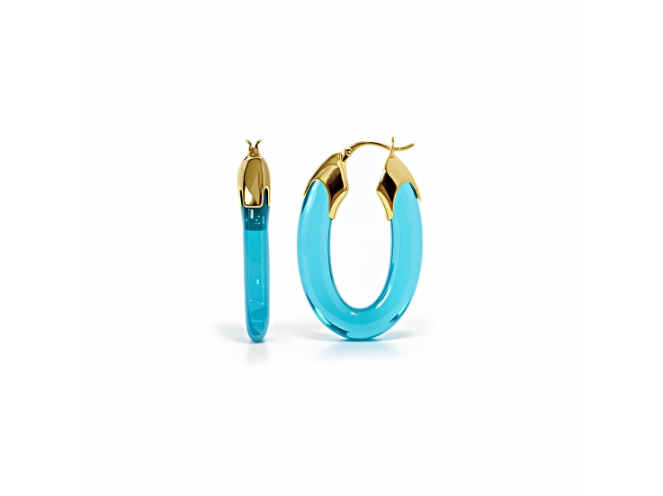 14K Gold Over Brass 1.5 inch Acrylic Carved Flat Hoop Earrings in Light Blue