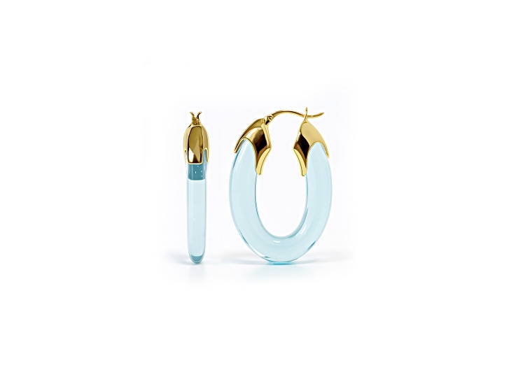 14K Gold Over Brass 1.5 inch Acrylic Carved Flat Hoop Earrings in Extreme Light Blue