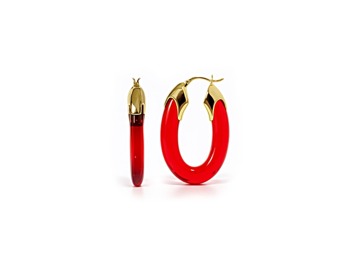 14K Gold Over Brass 1.5 inch Acrylic Carved Flat Hoop Earrings in Red