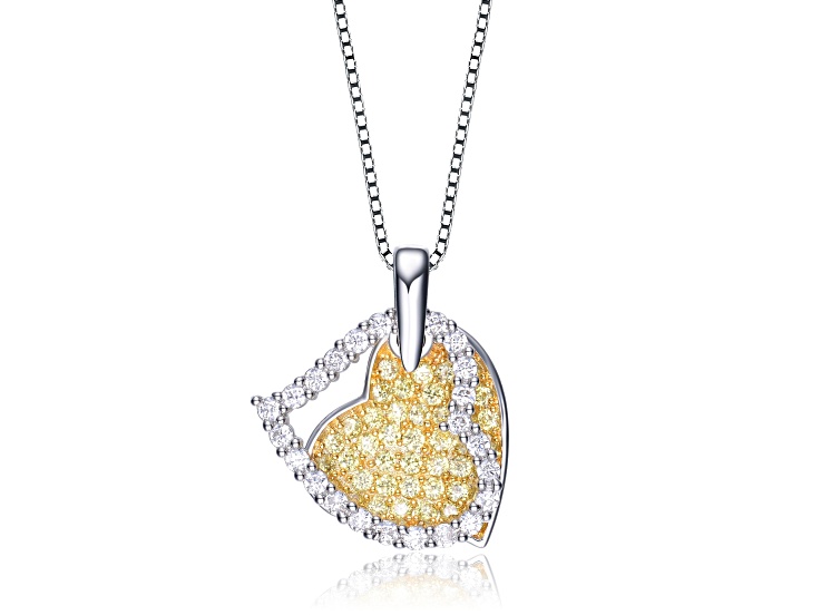 Yellow & White Cubic Zirconia, Rhodium Plated over Sterling Silver Hearts Pendant Necklace