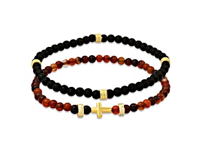 Men's Black and Red Lava Rock and Sterling Silver Beaded Bracelet Set
