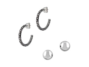 Sophisticated Steel Polished Bead Stud and Hoop Earrings Set