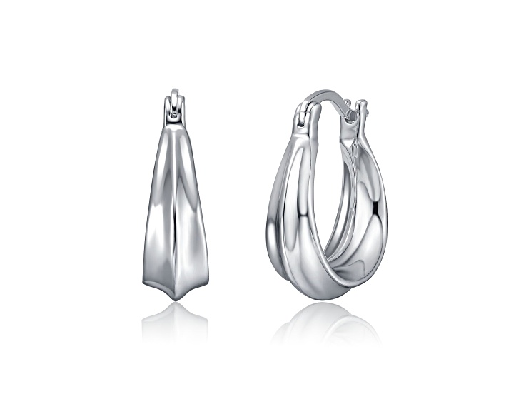 Rhodium Plated over Brass Beveled Sculptural Oblong Hoop Earrings