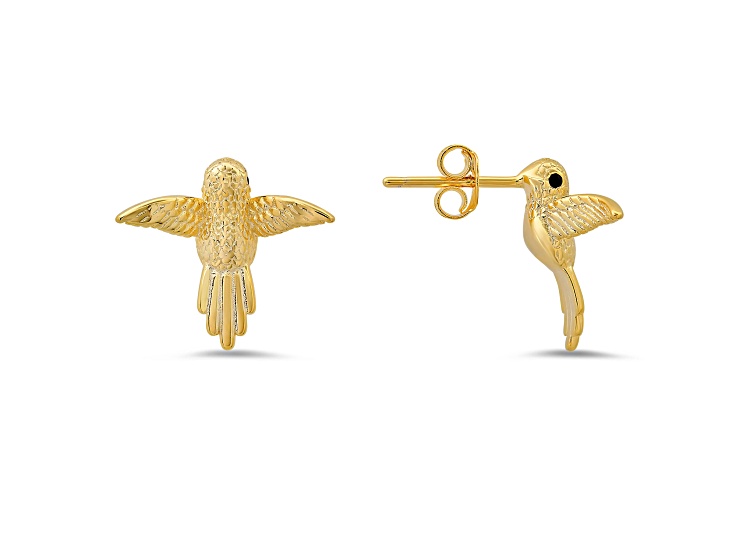 Black Cubic Zirconia 14k Yellow Gold Over Sterling Silver Hummingbird Earrings 0.04ctw