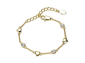 Clear Cubic Zirconia, 14K Gold Plated over Brass with Bezel Set Heart Charm Bracelet