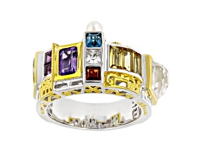 Multi Color Multi Gemstone Rhodium & 24K Gold Over Palladium Silver Times Square Ring 4.47ctw