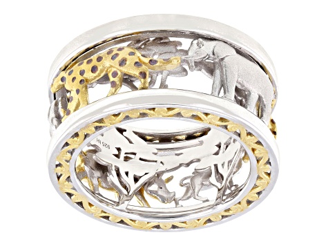 White Diamond Rhodium & 24K Yellow Gold Over Palladium Sterling Silver Safari Spinner Ring