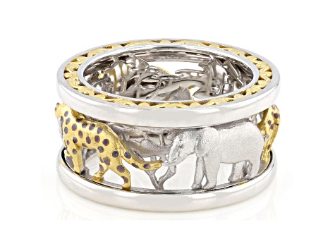 White Diamond Rhodium & 24K Yellow Gold Over Palladium Sterling Silver Safari Spinner Ring