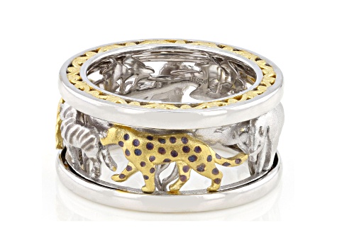 White Diamond Rhodium & 24K Yellow Gold Over Palladium Sterling Silver Safari Spinner Ring