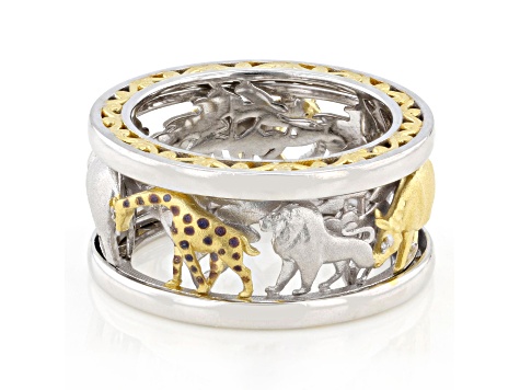 White Diamond Rhodium & 24K Yellow Gold Over Palladium Sterling Silver Safari Spinner Ring