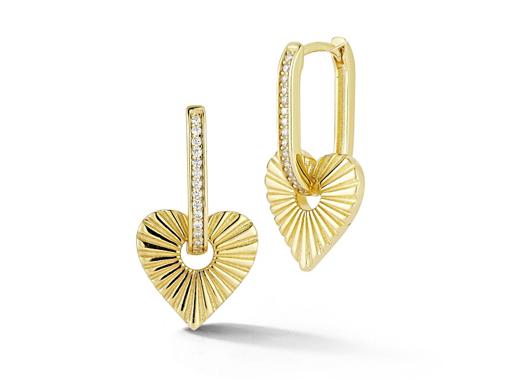 Rachel Zoe 14K Yellow Gold Over Sterling Silver Fluted Heart Charm Hoop Earrings with Cubic Zirconia