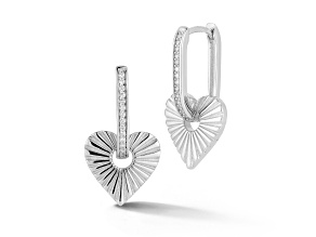 Rachel Zoe Rhodium Over Sterling Silver Fluted Heart Charm Hoop Earrings with Cubic Zirconia