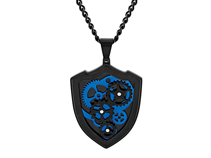 Black and Blue Ion-Plated Stainless Steel Gear and Shield Pendant With Chain