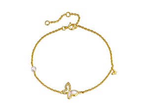 Mother of Pearl and Cubic Zirconia, 14K Gold Plated over Brass Butterfly Charm Bracelet for Kids