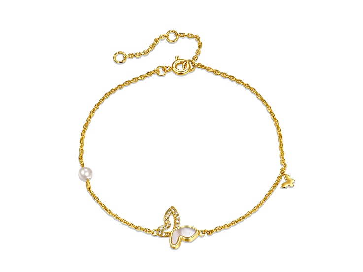Mother of Pearl and Cubic Zirconia, 14K Gold Plated over Brass Butterfly Charm Bracelet for Kids
