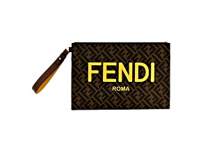 Fendi Coated Canvas Brown and Yellow Zucca Print Large Pouch Wristlet