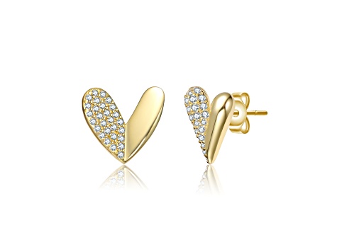 Paved Clear Cubic Zirconia, 14K Gold Plated over Sterling Silver Sleek Heart Stud Earrings