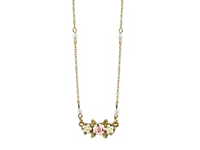 1928 Jewelry Gold Tone Base Metal Simulated Pearl Pink Porcelain Rose Necklace 16" Adj