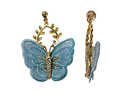 Gold Tone Blue Fabric Butterfly Earrings