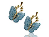 Gold Tone Blue Fabric Butterfly Earrings