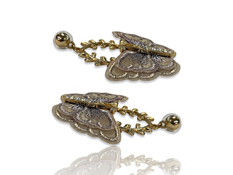 Gold Tone Neutral Tone Fabric Butterfly Earrings