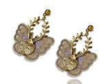 Gold Tone Neutral Tone Fabric Butterfly Earrings