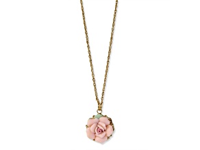 1928 Jewelry Gold Tone Brass Porcelain Pink Rose Pendant With Chain
