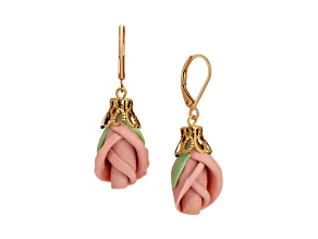 Gold Tone Pink Porcelain Rose Bud Leverback Earrings