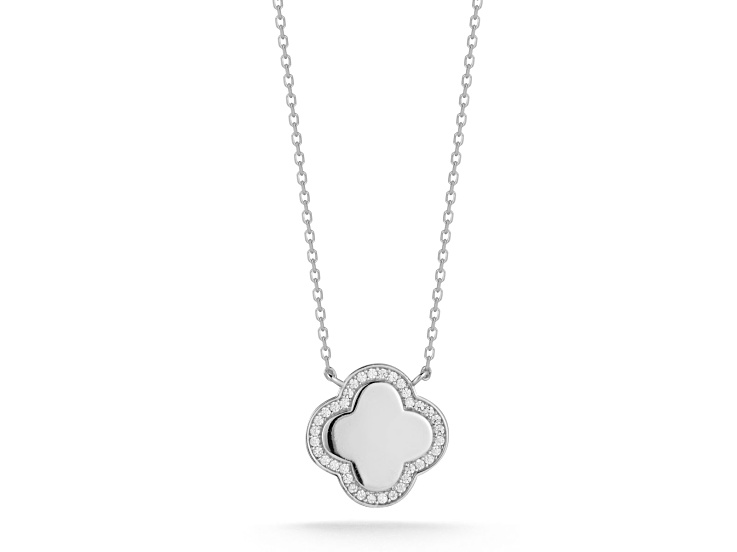 Sterling Statements Rhodium Over Sterling Silver Cubic Zirconia Halo Clover Pendant Necklace