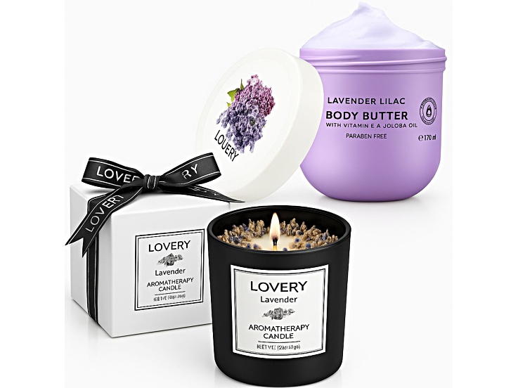 Lavender Aromatherapy Kit with 9oz Scented Soy Candle and 170ml Lavender Lilac Body Butter