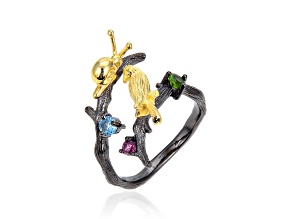 Blue Topaz, Garnet and Chrome Diopside Black Rhodium Over and 14K Gold Over Sterling Silver Ring