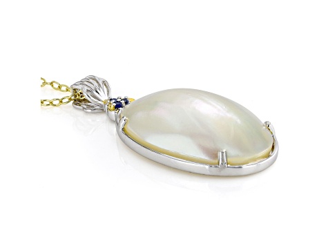 White Mabe Pearl Rhod/24k Yellow Gold Over Palladium Silver Pendant W/ Chain 0.05ctw