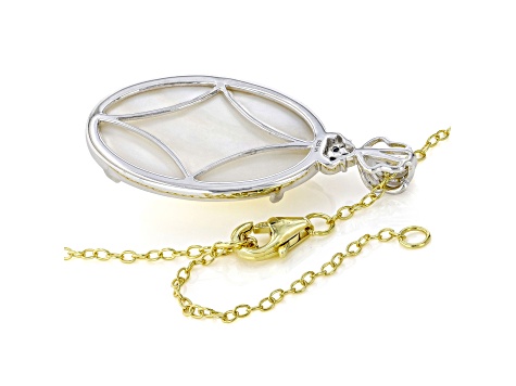 White Mabe Pearl Rhod/24k Yellow Gold Over Palladium Silver Pendant W/ Chain 0.05ctw