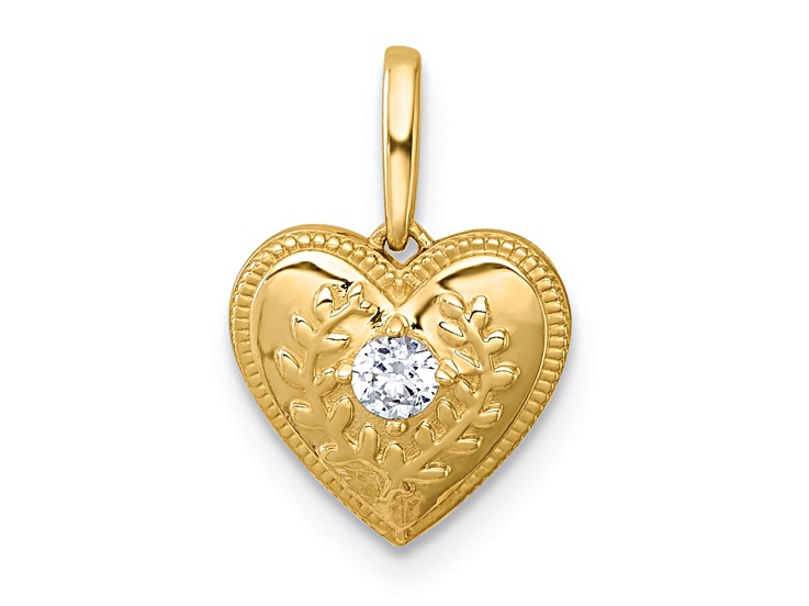 14K Yellow Gold Polished and Textured Cubic Zirconia Floral Heart Pendant