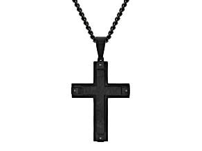 Black Ion-Plated Stainless Steel and Black Diamond Accent Forged Carbon Fiber Cross Pendant