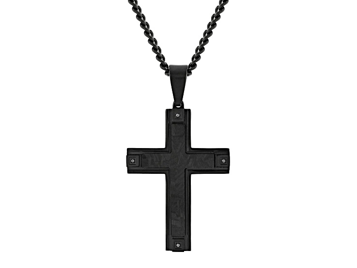 Black Ion-Plated Stainless Steel and Black Diamond Accent Forged Carbon Fiber Cross Pendant