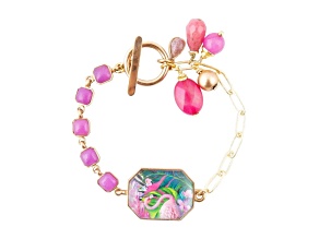 Barse Jewelry Pink Agate, Rhodonite & Quartz Flamingo Gold Tone Link Bracelet