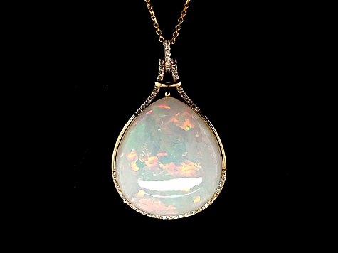 Ethiopian Opal Pudgy Pear Cabochon and Round Diamond 14K Yellow Gold Pendant with Chain, 26.30ctw