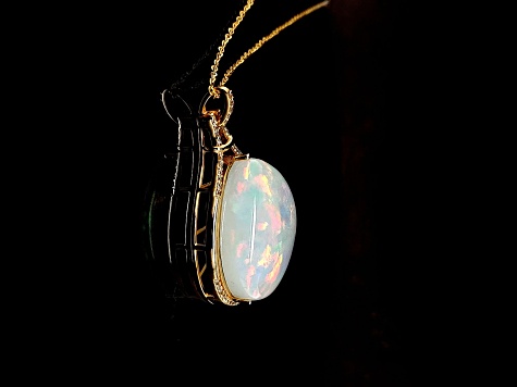 Ethiopian Opal Pudgy Pear Cabochon and Round Diamond 14K Yellow Gold Pendant with Chain, 26.30ctw