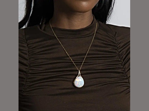 Ethiopian Opal Pudgy Pear Cabochon and Round Diamond 14K Yellow Gold Pendant with Chain, 26.30ctw