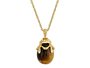1928 Jewelry Gold Tone Brass Tigers Eye Egg Pendant With Chain 30 Inch Chain