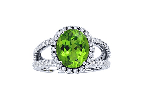 Peridot and Diamond 14k White Gold Halo Split Shank Ring 3.60ctw