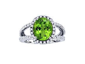 Peridot and Diamond 14k White Gold Halo Split Shank Ring 3.60ctw