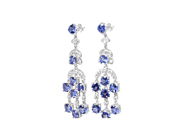 Picture of Rhodium Over Sterling Silver 4mm Round Tanzanite and White Cubic Zirconia Dangle Earrings 5.40ctw